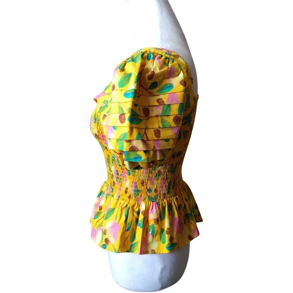 FARM Rio XS Mini Cashew Smocked Puff Sleeve Peplum Tropical Boho Top Blouse
